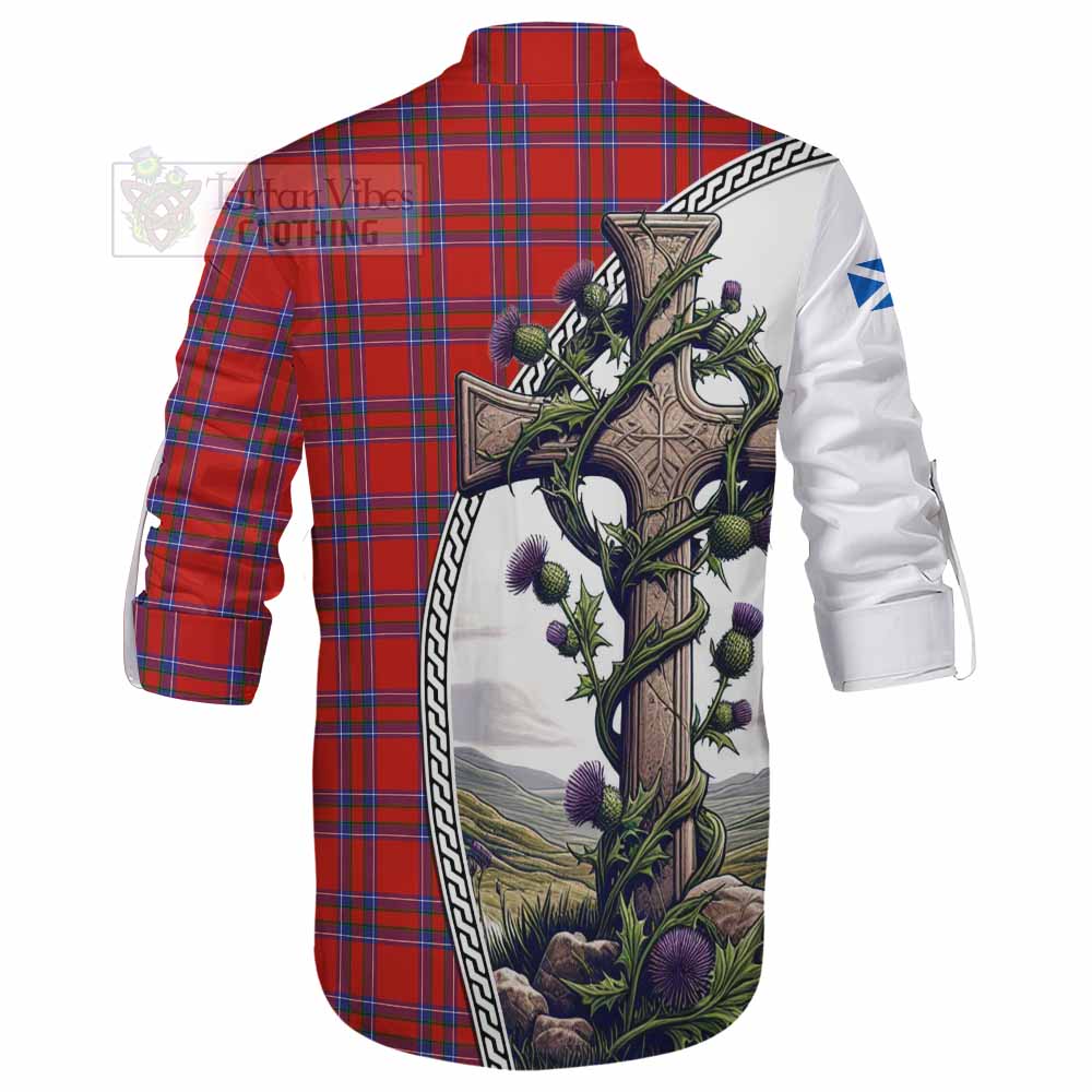Tartan Vibes Clothing Rait Tartan Ghillie Kilt Shirt with Family Crest and St. Andrew's Cross Accented by Thistle Vines