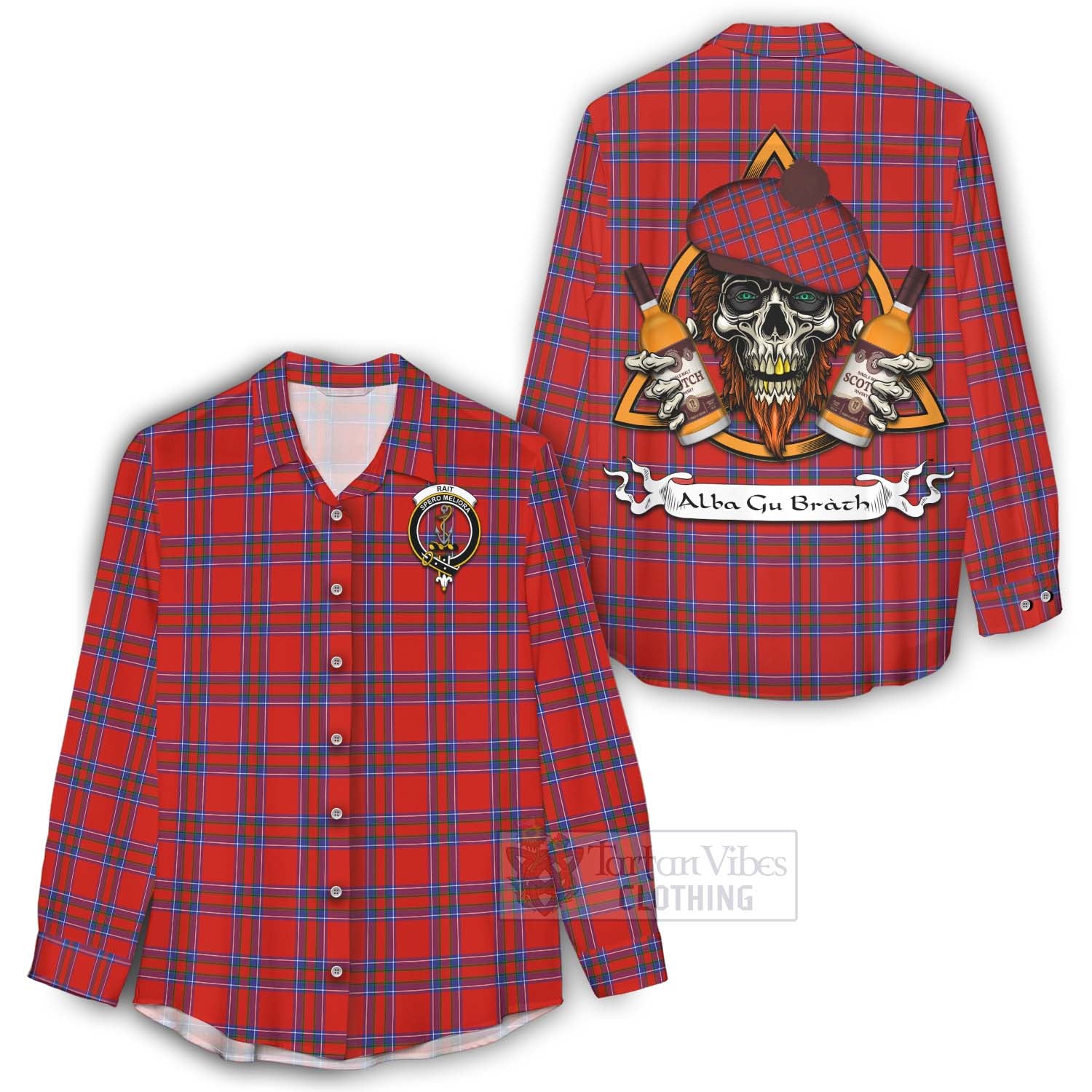 Tartan Vibes Clothing Rait Tartan Women's Casual Shirt with Family Crest and Bearded Skull Holding Bottles of Whiskey