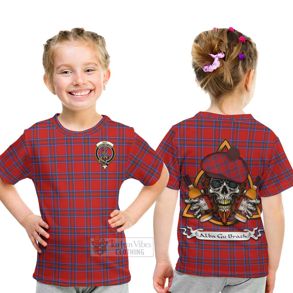 Tartan Vibes Clothing Rait Tartan Kid T-Shirt with Family Crest and Bearded Skull Holding Bottles of Whiskey