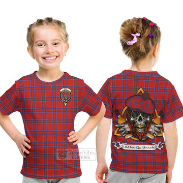 Tartan Vibes Clothing Rait Tartan Kid T-Shirt with Family Crest and Bearded Skull Holding Bottles of Whiskey