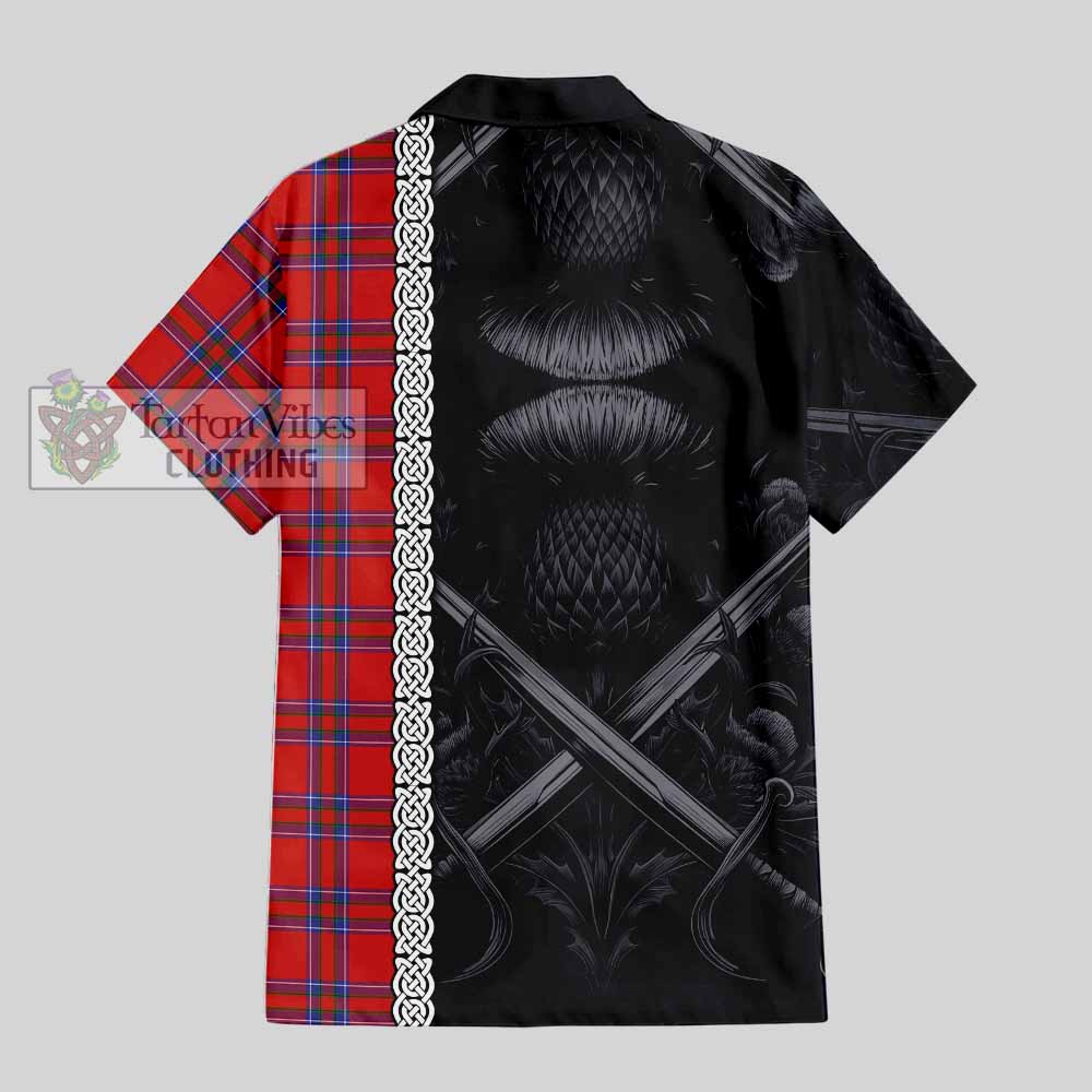 Tartan Vibes Clothing Rait Tartan Short Sleeve Button Shirt with Family Crest Cross Sword Thistle Celtic Vibes