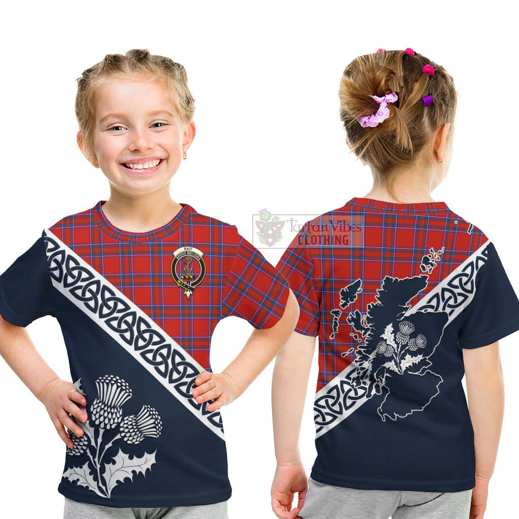 Tartan Vibes Clothing Rait Tartan Kid T-Shirt Featuring Thistle and Scotland Map