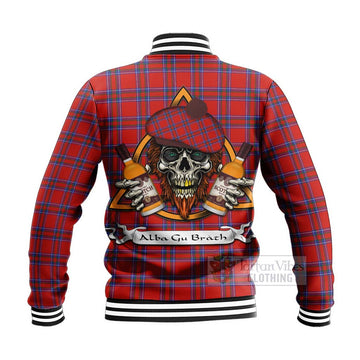 Tartan Vibes Clothing Rait Tartan Baseball Jacket with Family Crest and Bearded Skull Holding Bottles of Whiskey