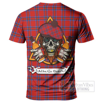 Tartan Vibes Clothing Rait Tartan T-Shirt with Family Crest and Bearded Skull Holding Bottles of Whiskey
