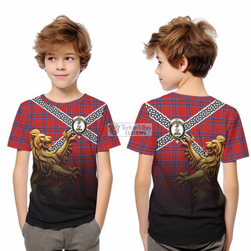 Rait Crest Tartan Kid T-Shirt with Golden Lion Emblem Celtic Style