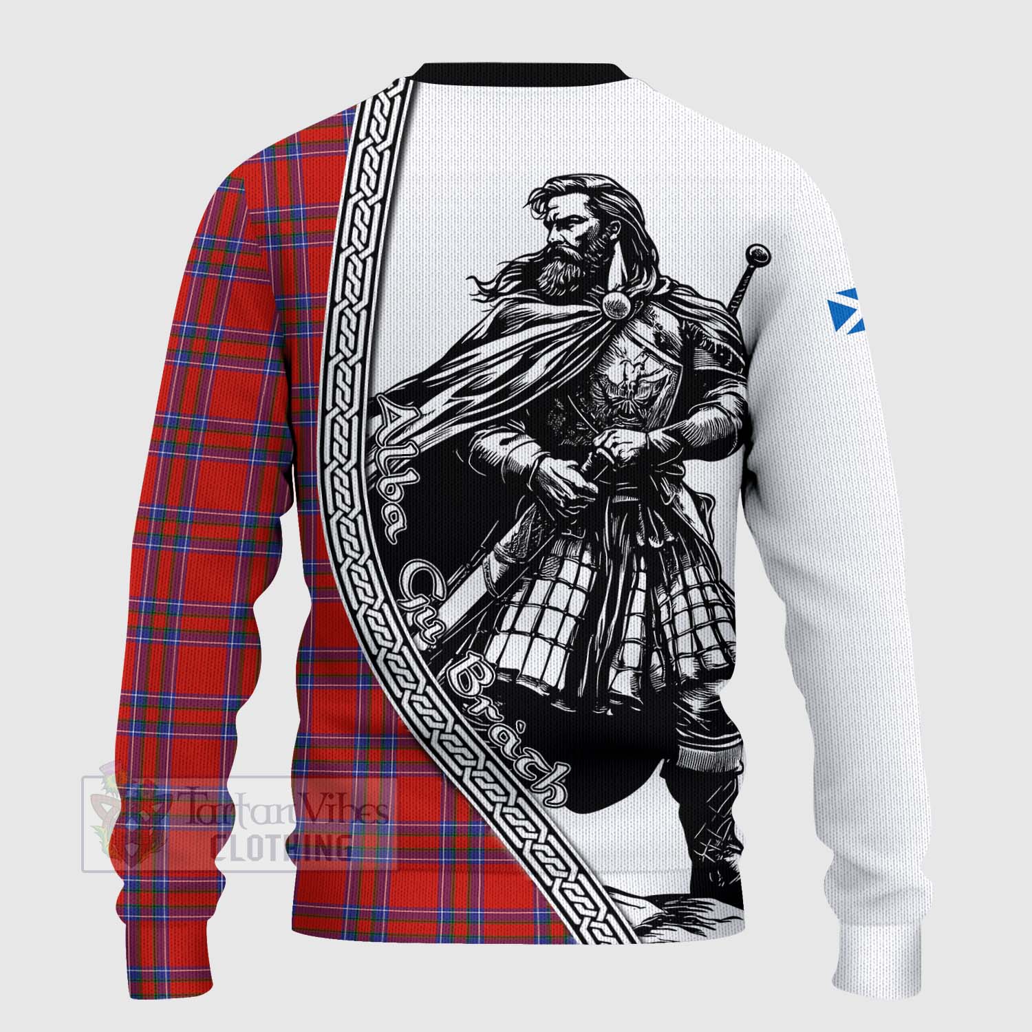 Tartan Vibes Clothing Rait Tartan Clan Crest Knitted Sweater with Highlander Warrior Celtic Style