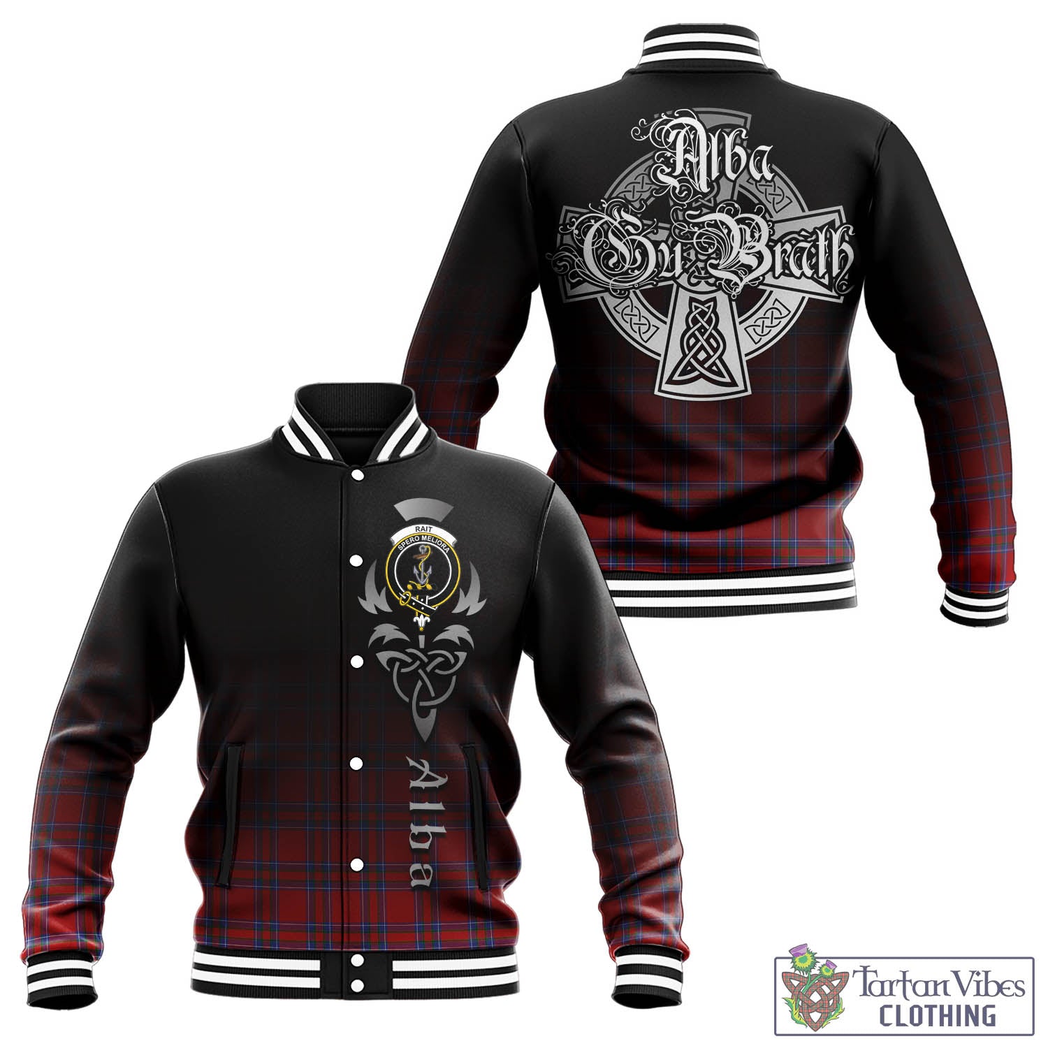 Tartan Vibes Clothing Rait Tartan Baseball Jacket Featuring Alba Gu Brath Family Crest Celtic Inspired