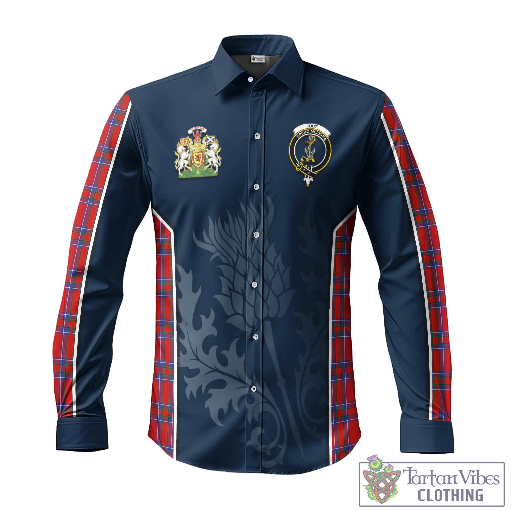 Tartan Vibes Clothing Rait Tartan Long Sleeve Button Up Shirt with Family Crest and Scottish Thistle Vibes Sport Style