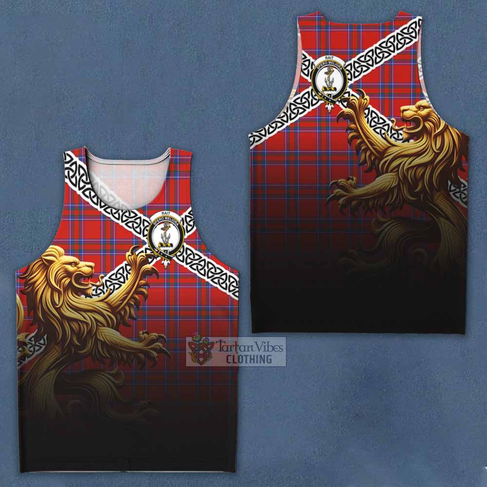 Tartan Vibes Clothing Rait Crest Tartan Men's Tank Top with Golden Lion Emblem Celtic Style