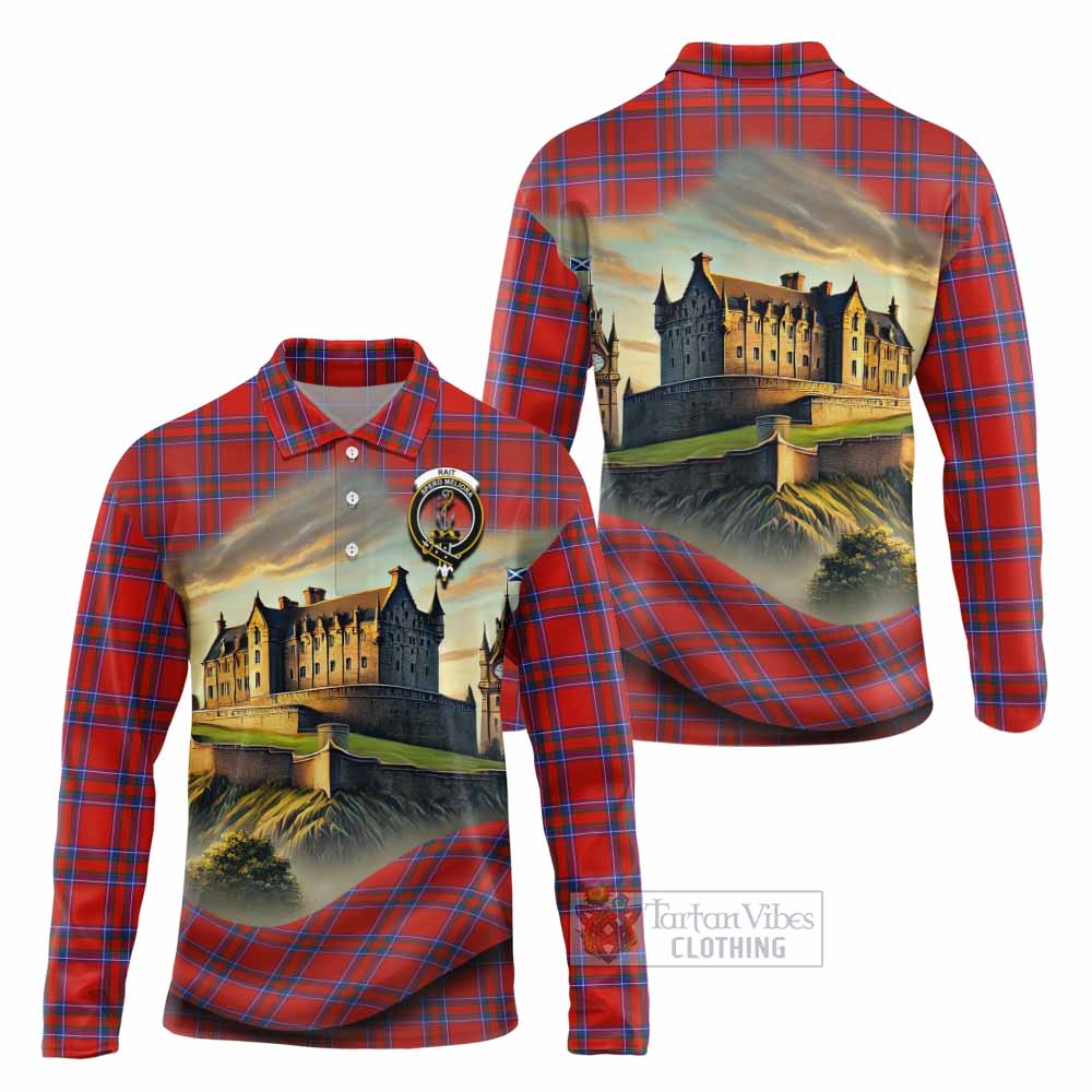 Tartan Vibes Clothing Rait Tartan Family Crest Long Sleeve Polo Shirt with Scottish Ancient Castle Style