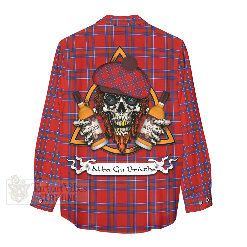 Tartan Vibes Clothing Rait Tartan Women's Casual Shirt with Family Crest and Bearded Skull Holding Bottles of Whiskey