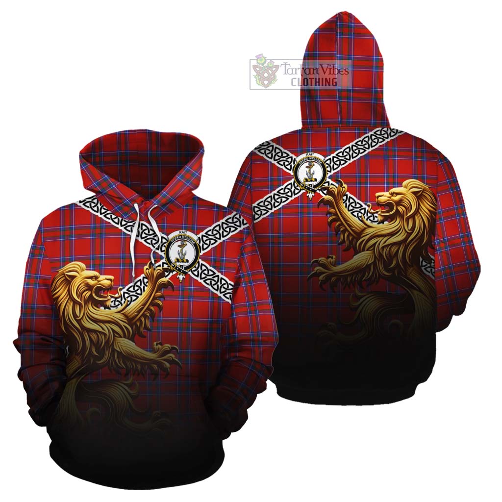 Tartan Vibes Clothing Rait Crest Tartan Cotton Hoodie with Golden Lion Emblem Celtic Style