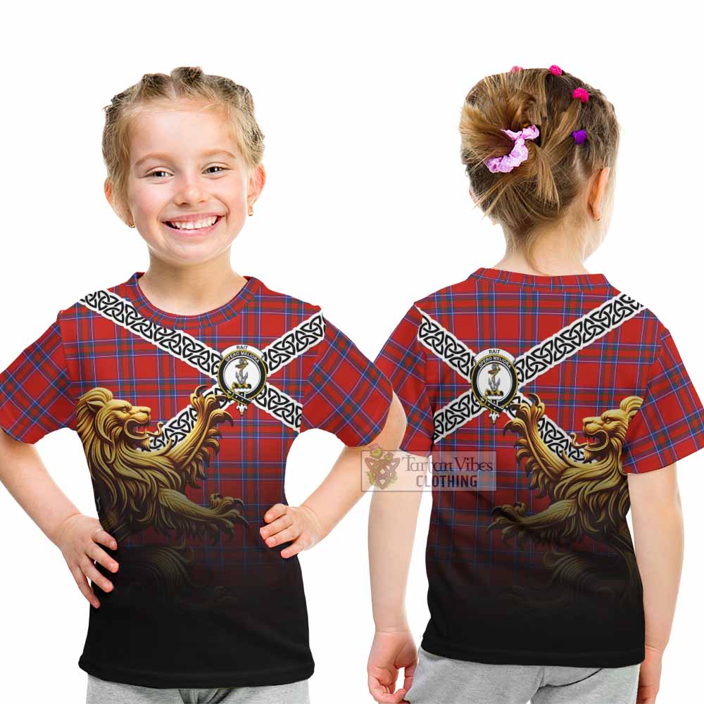 Tartan Vibes Clothing Rait Crest Tartan Kid T-Shirt with Golden Lion Emblem Celtic Style