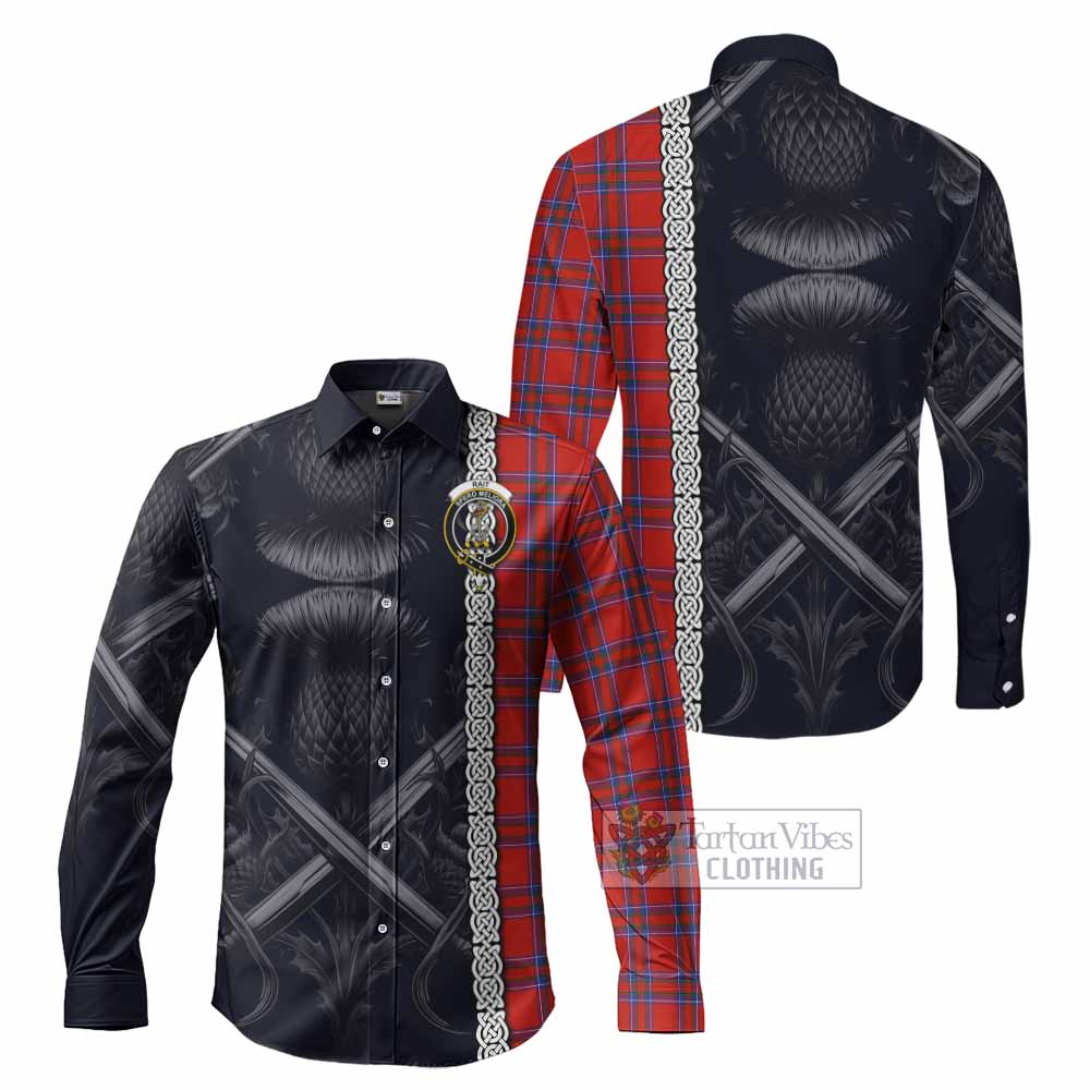 Tartan Vibes Clothing Rait Tartan Long Sleeve Button Shirt with Family Crest Cross Sword Thistle Celtic Vibes