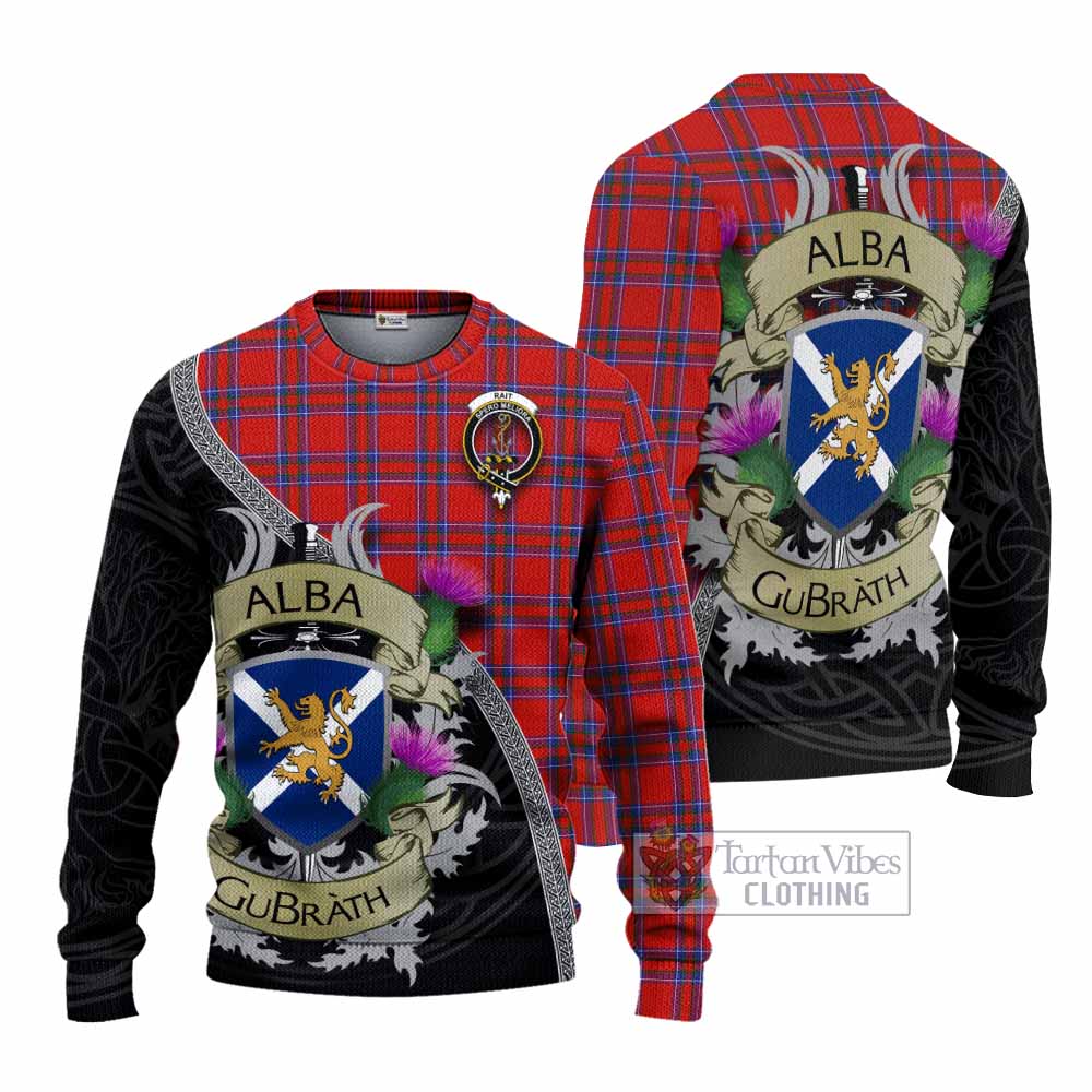 Tartan Vibes Clothing Rait Tartan Family Crest Knitted Sweater Lion Rampant Royal Thistle Shield Celtic Inspired