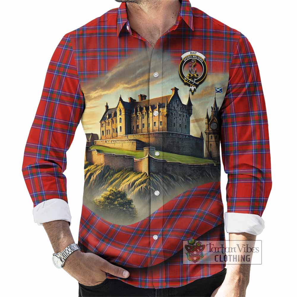 Tartan Vibes Clothing Rait Tartan Family Crest Long Sleeve Button Shirt with Scottish Ancient Castle Style