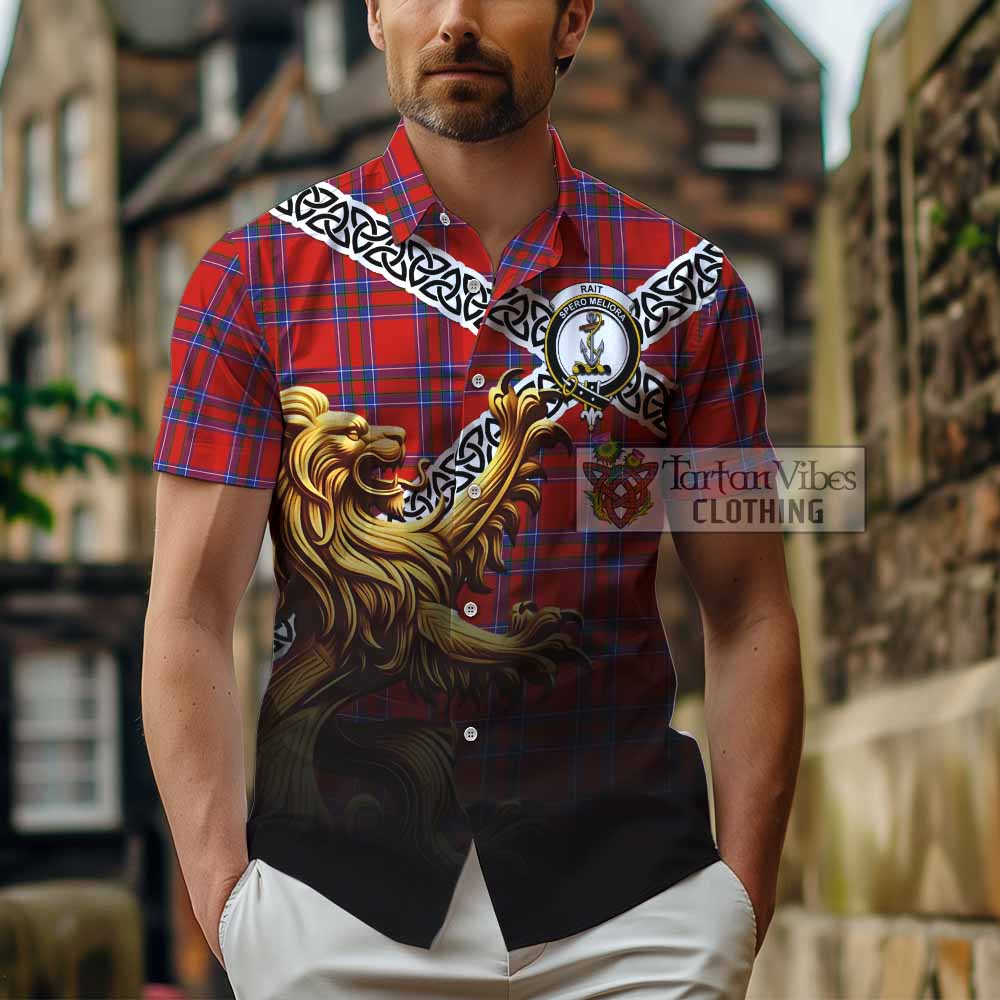 Tartan Vibes Clothing Rait Crest Tartan Short Sleeve Button Shirt with Golden Lion Emblem Celtic Style