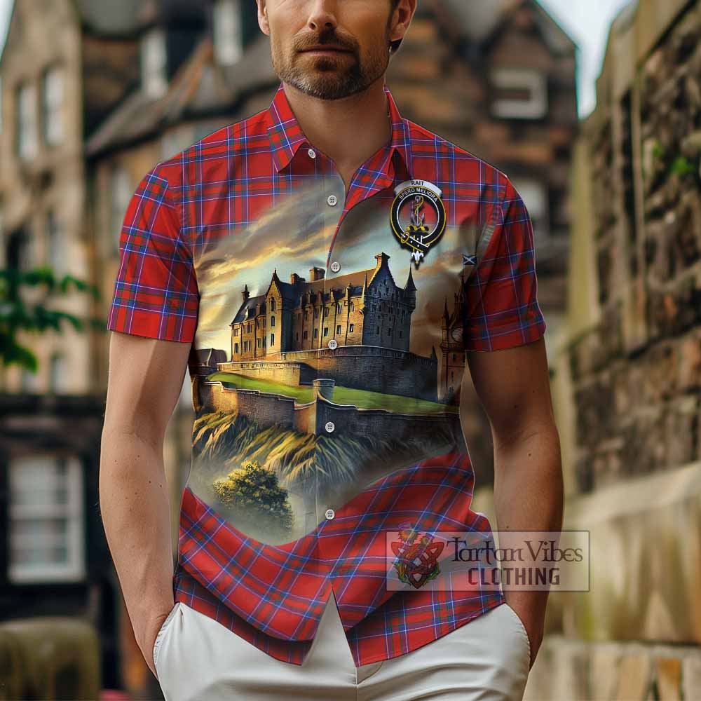 Tartan Vibes Clothing Rait Tartan Family Crest Short Sleeve Button Shirt with Scottish Ancient Castle Style