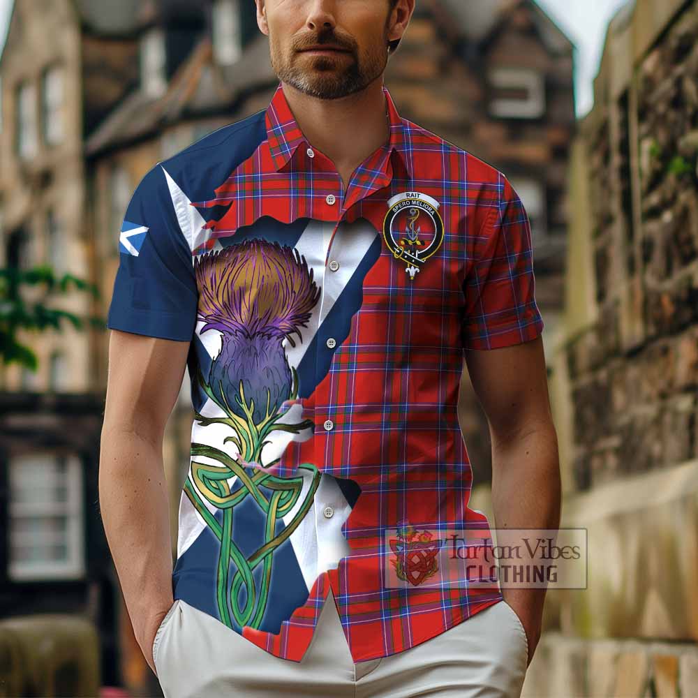 Tartan Vibes Clothing Rait Tartan Family Crest Short Sleeve Button Shirt Scottish Thistle Celtic Inspired