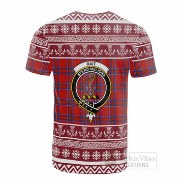 Rait Clan Tartan Christmas Cotton T-shirt with Family Crest