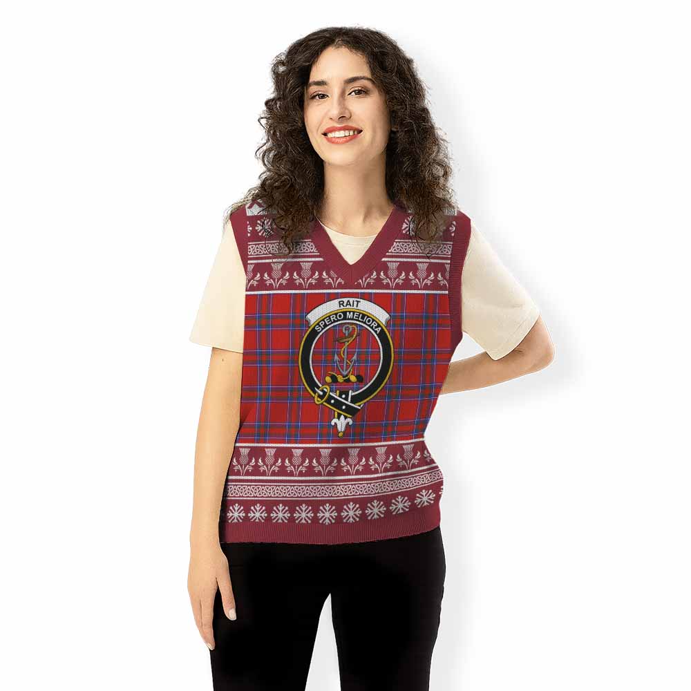 Rait Clan Tartan Christmas Knitted V-Neck Vest with Family Crest - Tartan Vibes Clothing