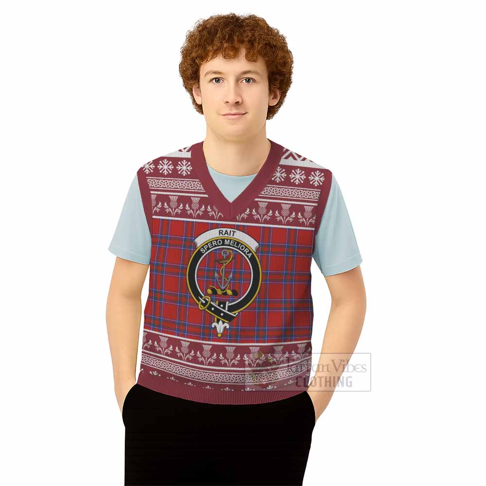 Rait Clan Tartan Christmas Knitted V-Neck Vest with Family Crest - Tartan Vibes Clothing