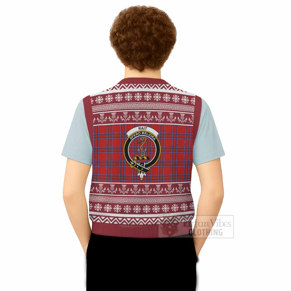 Rait Clan Tartan Christmas Knitted V-Neck Vest with Family Crest - Tartan Vibes Clothing