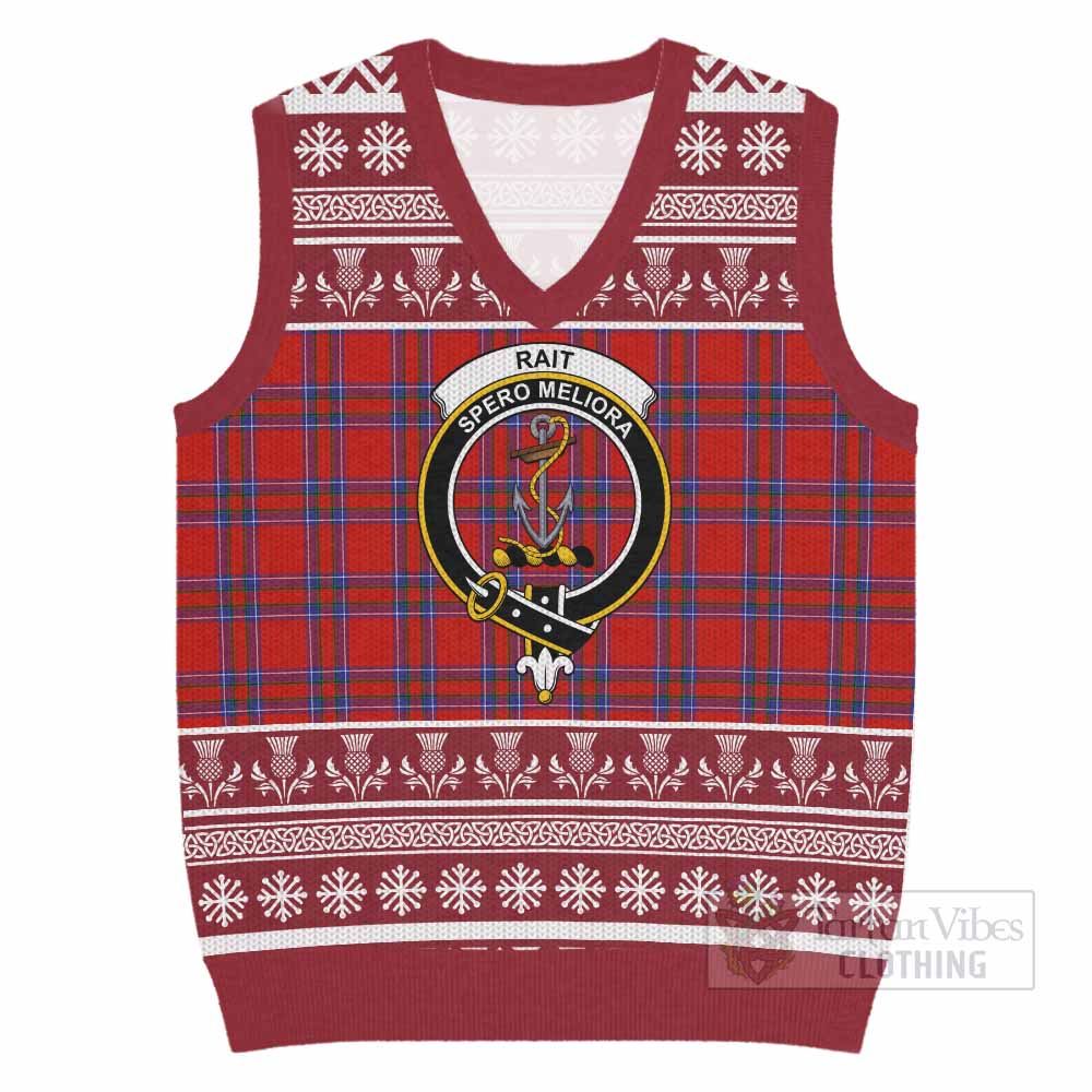 Rait Clan Tartan Christmas Knitted V-Neck Vest with Family Crest - Tartan Vibes Clothing
