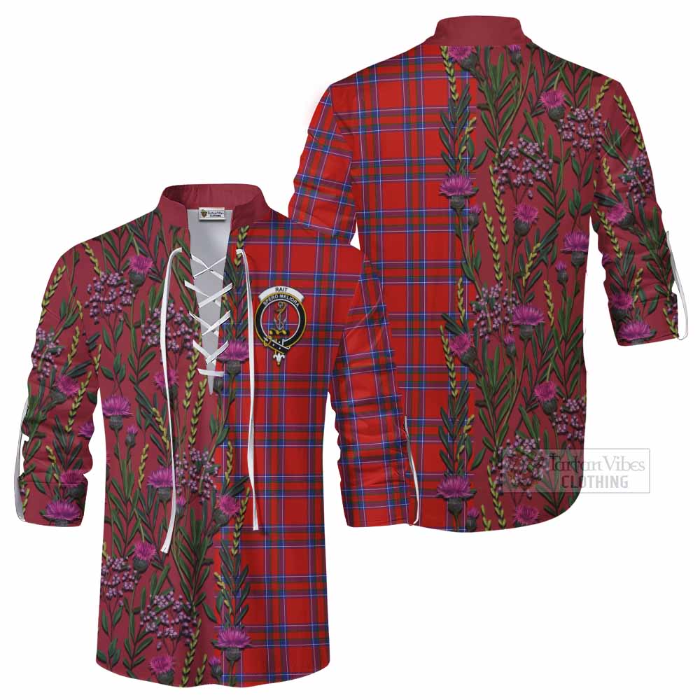 Rait Family Crest Tartan Ghillie Shirt Scottish Thistle Flower Pattern Half Style - Tartan Vibes Clothing