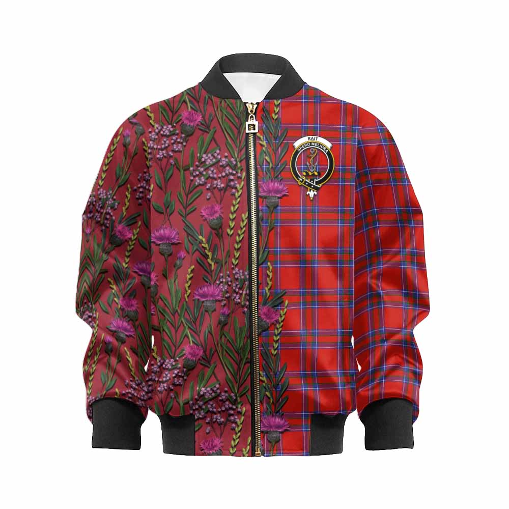 Rait Family Crest Tartan Kid Bomber Jacket Scottish Thistle Flower Pattern Half Style - Tartan Vibes Clothing
