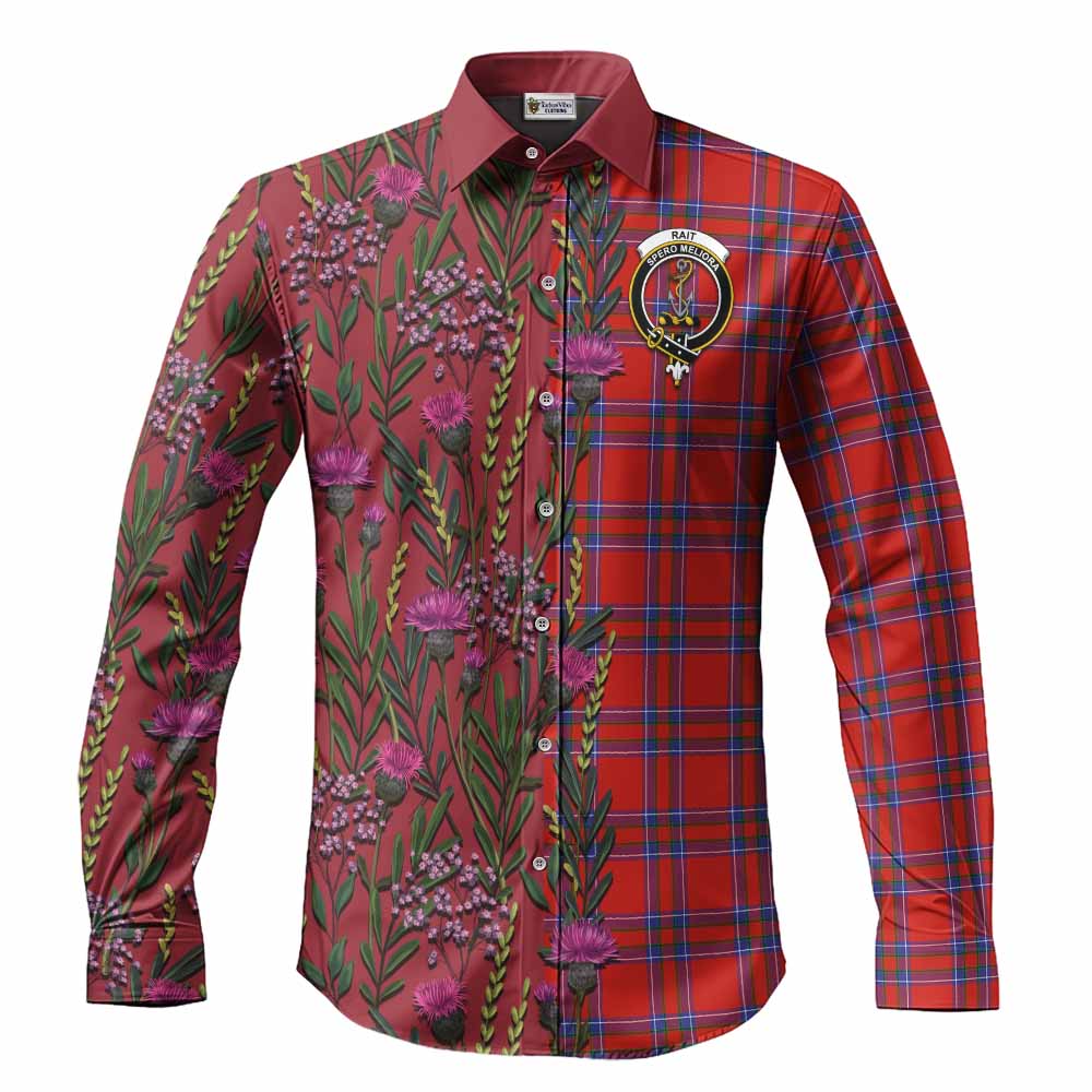 Rait Family Crest Tartan Long Sleeve Button Shirts Scottish Thistle Flower Pattern Half Style - Tartan Vibes Clothing