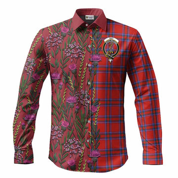 Rait Family Crest Tartan Long Sleeve Button Shirts Scottish Thistle Flower Pattern Half Style