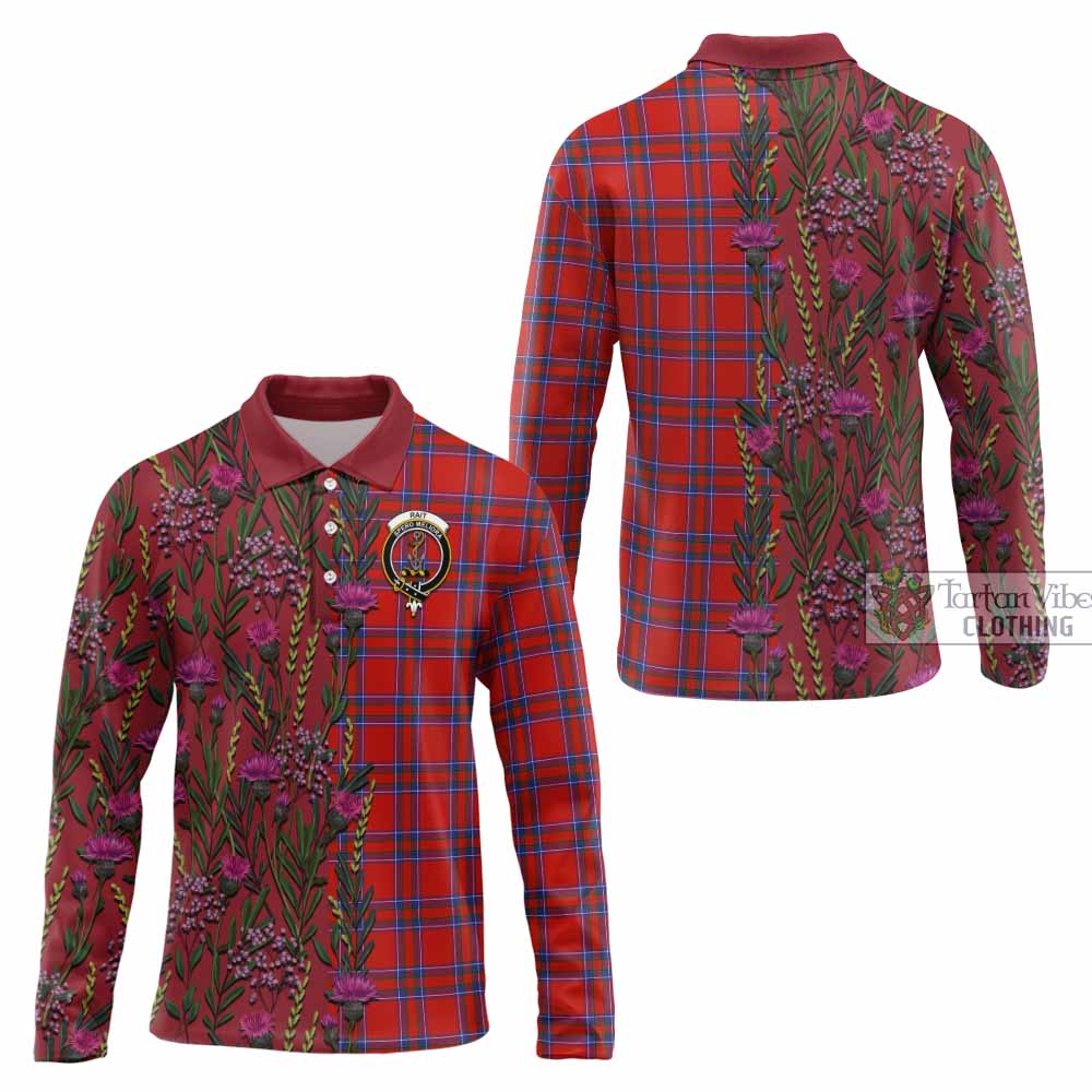 Rait Family Crest Tartan Long Sleeve Polo Shirt Scottish Thistle Flower Pattern Half Style - Tartan Vibes Clothing