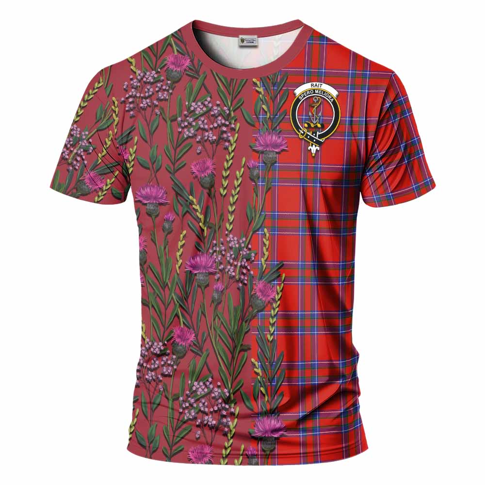 Rait Family Crest Tartan T-Shirt Scottish Thistle Flower Pattern Half Style - Tartan Vibes Clothing