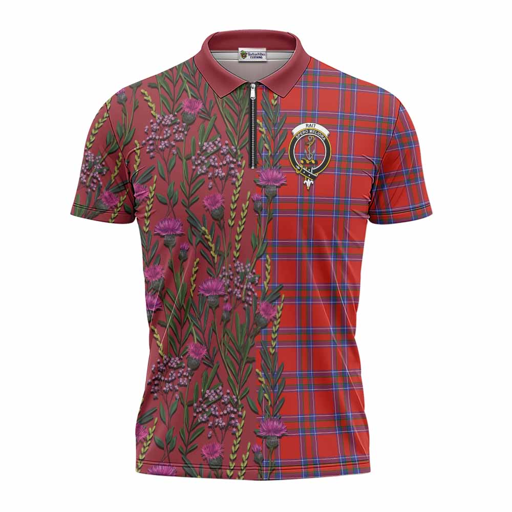Rait Family Crest Tartan Zipper Polo Shirt Scottish Thistle Flower Pattern Half Style - Tartan Vibes Clothing