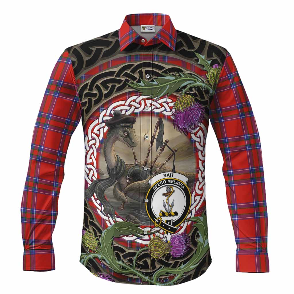 Rait Tartan Crest Bagpipe Nessie Long Sleeve Button Shirts Scottish Loch Ness Monster Celtic Thistle