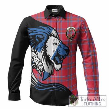 Rait Tartan Crest Long Sleeve Button Shirts Scottish Golden Lions Wave Flow