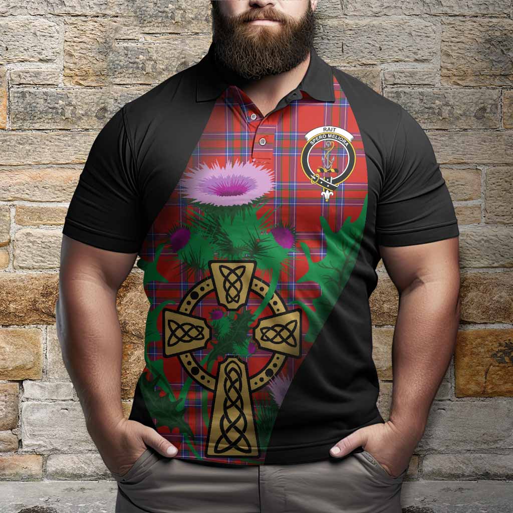 Rait Tartan Crest Polo Shirt Celtic Cross Thistle Flowers