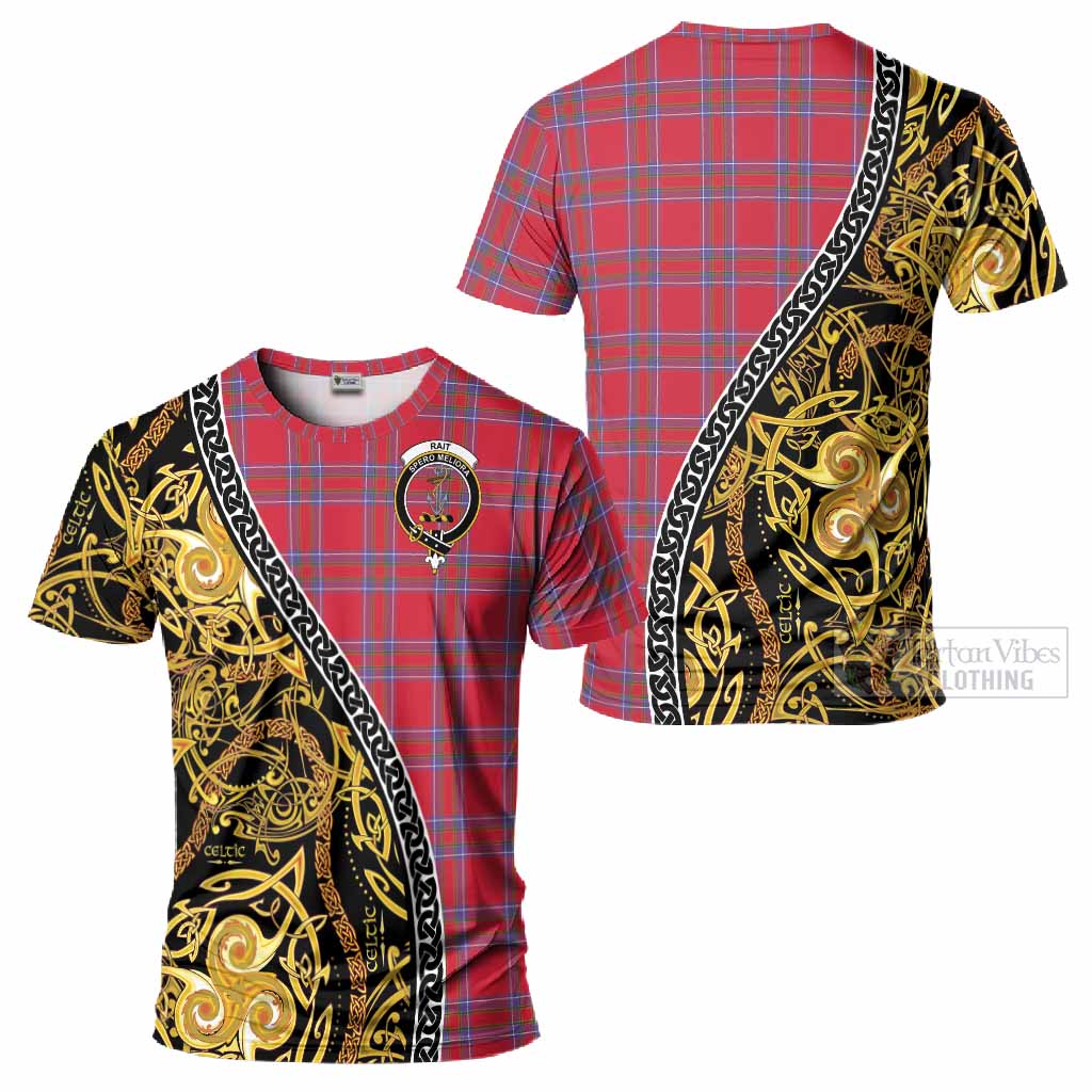 Rait Tartan Crest T-Shirt Celtic Knot and Triple Trickle Spiral Symbols