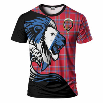 Rait Tartan Crest T-Shirt Scottish Golden Lions Wave Flow