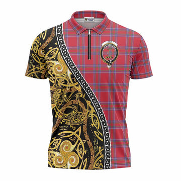 Rait Tartan Crest Zipper Polo Shirt Celtic Knot and Triple Trickle Spiral Symbols