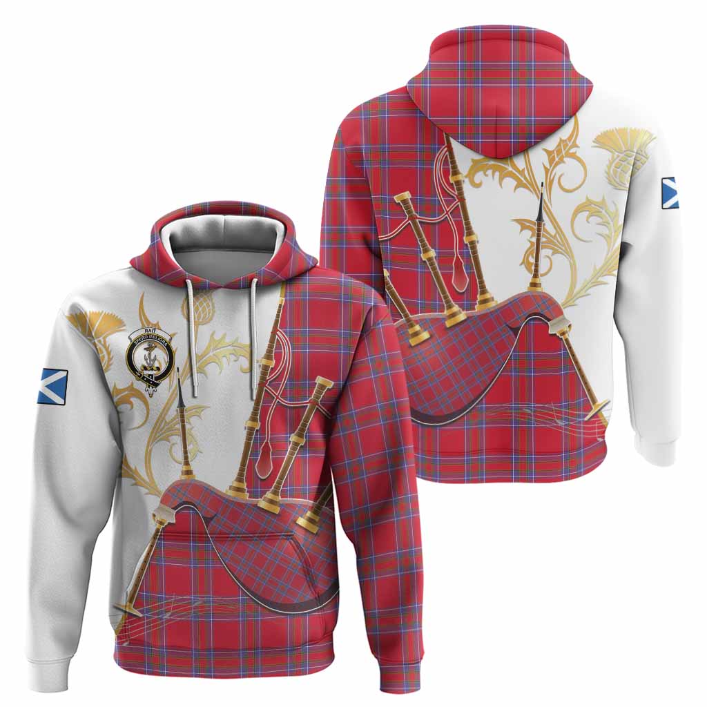 Rait Tartan Family Crest Hoodie Bagpipes with Scottish Thistle