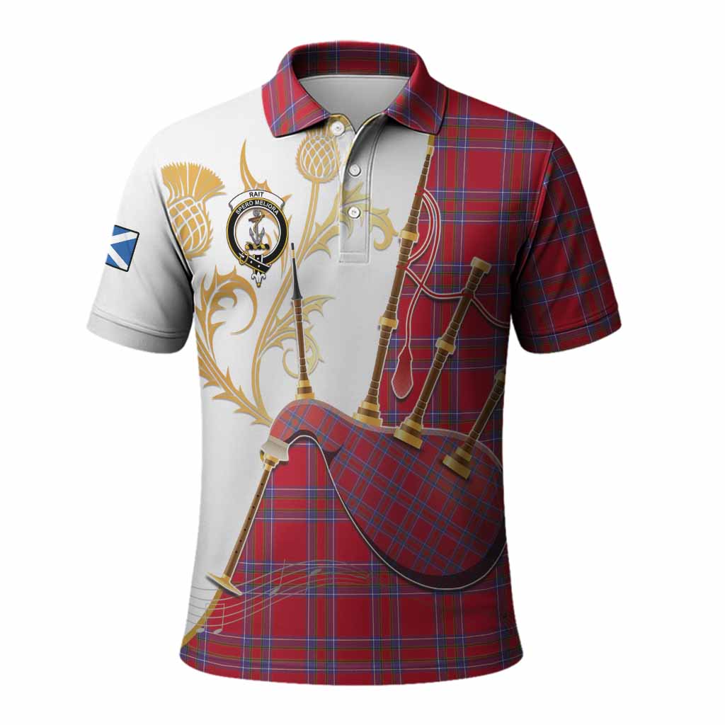 Rait Tartan Family Crest Polo Shirt Bagpipes with Scottish Thistle