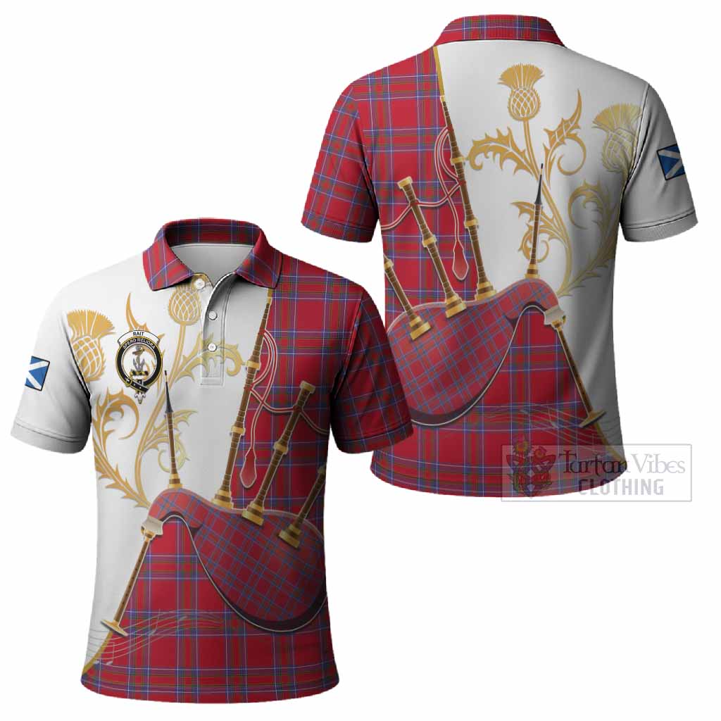 Rait Tartan Family Crest Polo Shirt Bagpipes with Scottish Thistle