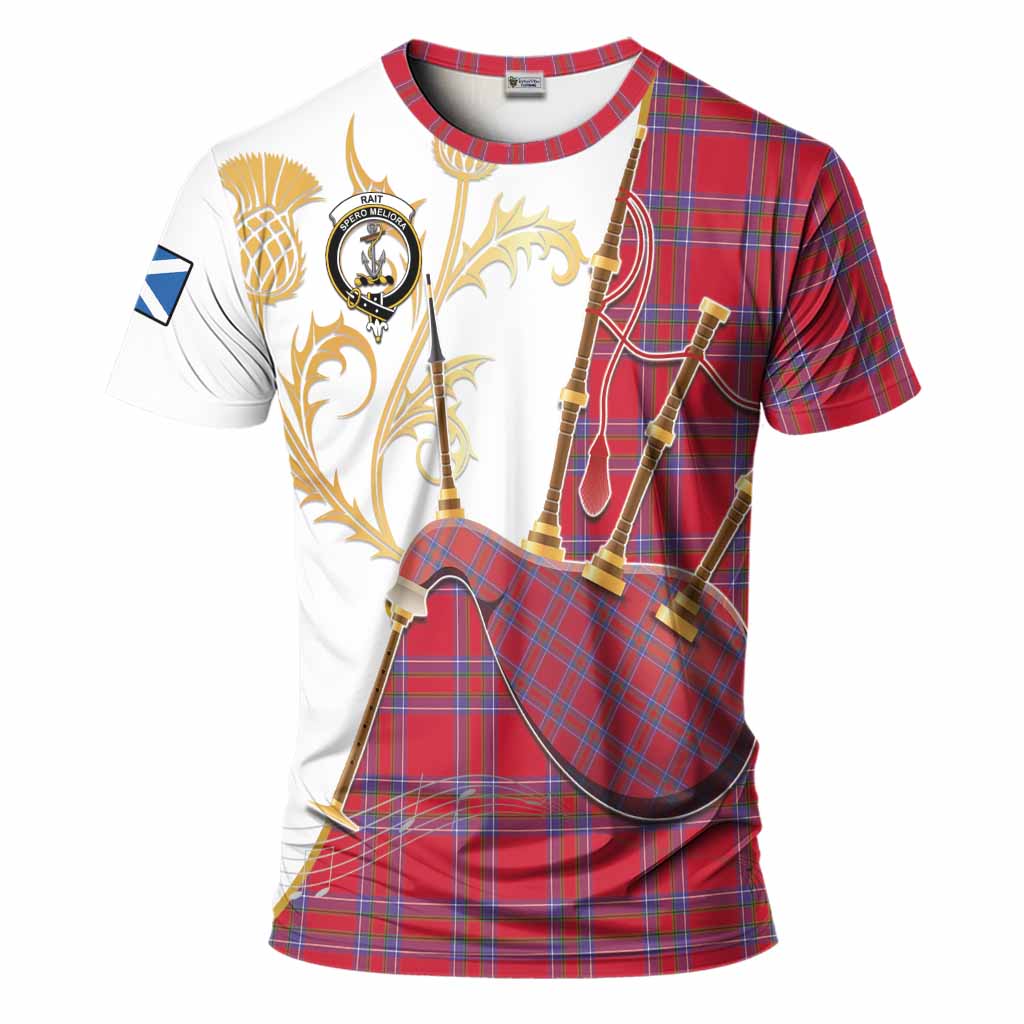Rait Tartan Family Crest T-Shirt Bagpipes with Scottish Thistle