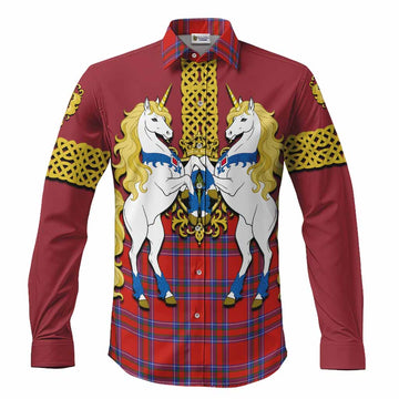 Rait Tartan Long Sleeve Button Shirts Unicorn Celtic Knot And Thistle Emblem