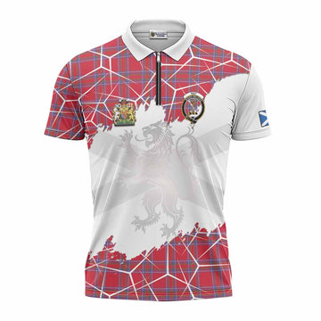 Rait Tartan Zipper Polo Shirt with Family Crest and Lion Rampant Grunge Style