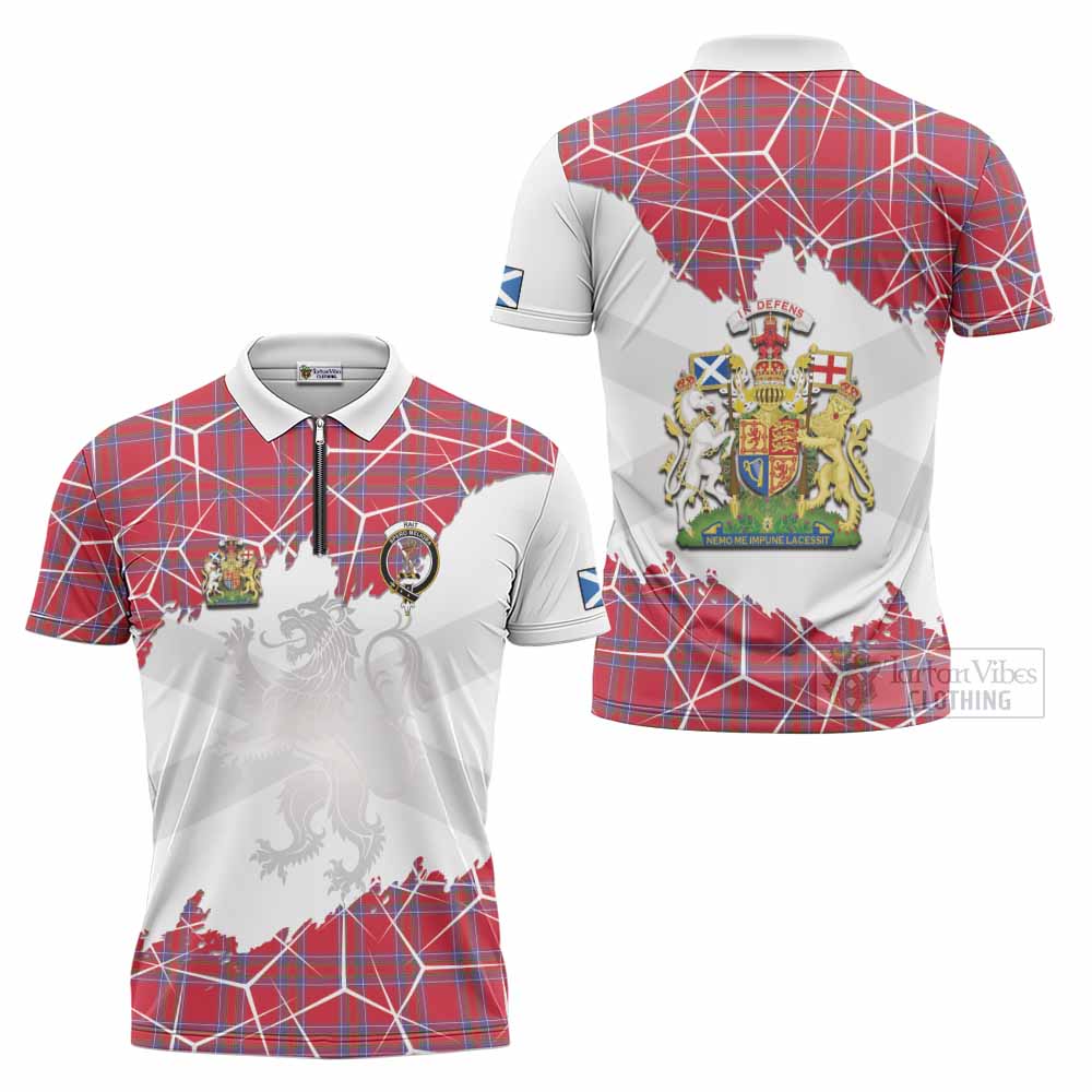 Rait Tartan Zipper Polo Shirt with Family Crest and Lion Rampant Grunge Style