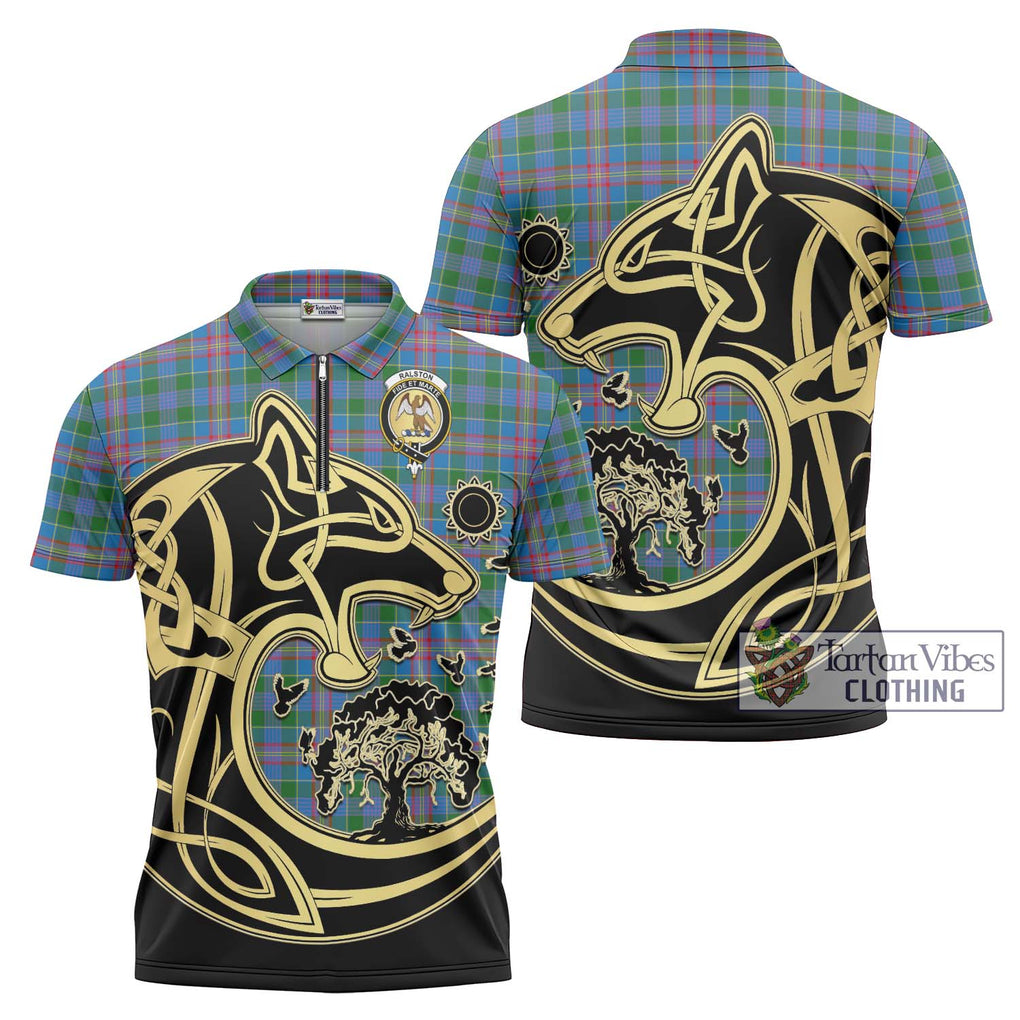 Ralston Tartan Zipper Polo Shirt with Family Crest Celtic Wolf Style Unisex - Tartanvibesclothing Shop