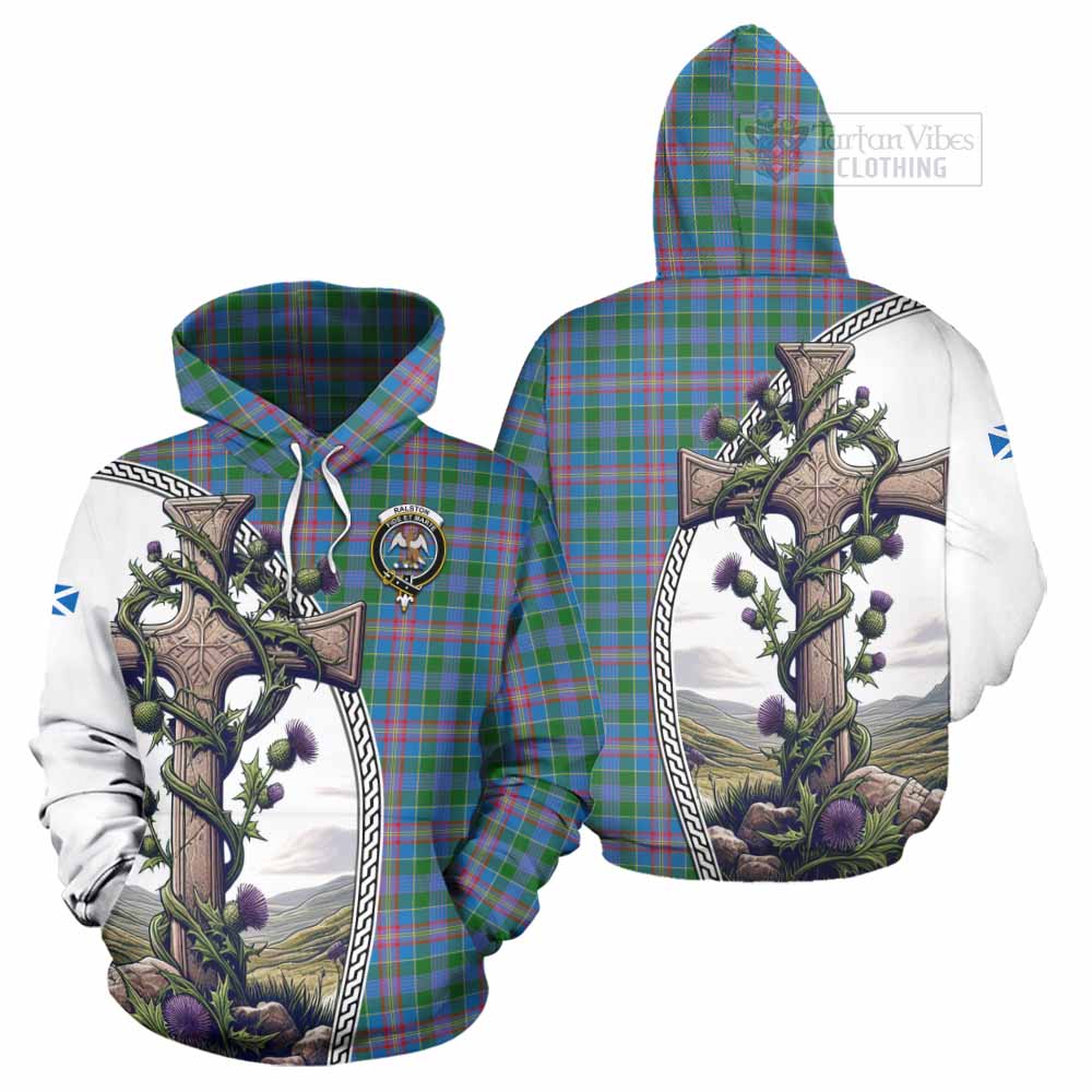 Tartan Vibes Clothing Ralston Tartan Hoodie with Family Crest and St. Andrew's Cross Accented by Thistle Vines